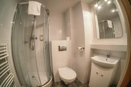 a bathroom with a shower and a toilet and a sink at Hotel Dom Polonii in Ostróda