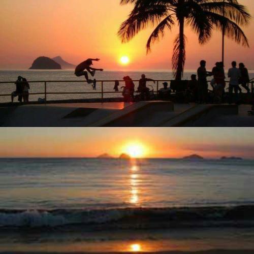two pictures of a man doing a trick on a skateboard at sunset at Atena Praia Hotel in Boicucanga