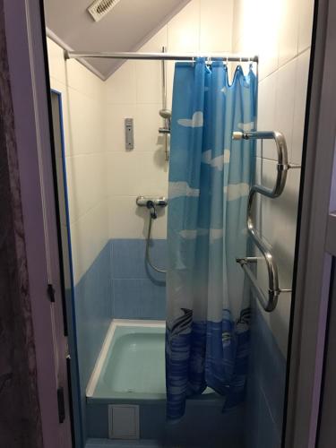 a shower with a blue shower curtain in a bathroom at Power House Hotel in Lutsk