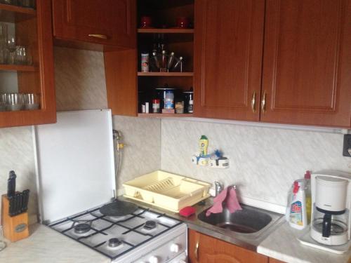 a kitchen with a sink and a stove top oven at Ottó Nyaraló in Révfülöp