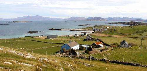 a farm on a hill with a body of water at Dolphin Hotel in Inishbofin