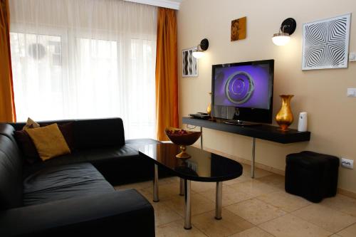 a living room with a couch and a tv at Princess Apartman in Siófok