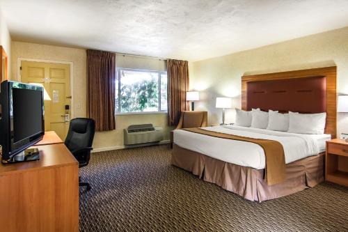 a hotel room with a large bed and a flat screen tv at Quality Inn & Suites at Coos Bay in North Bend