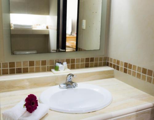 un lavabo con una flor roja encima en Hotel de Casa Blanca en Lázaro Cárdenas