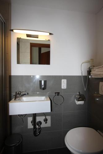 a bathroom with a sink and a toilet and a mirror at Stadthotel Kleiner Berg in Friedrichshafen