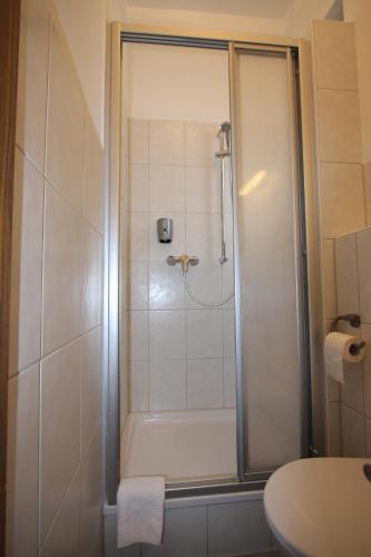 a bathroom with a shower with a toilet and a sink at Stadthotel Kleiner Berg in Friedrichshafen