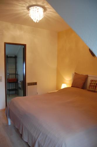 a bedroom with a large bed and a chandelier at Hofgassl Zentgraf in Mörbisch am See