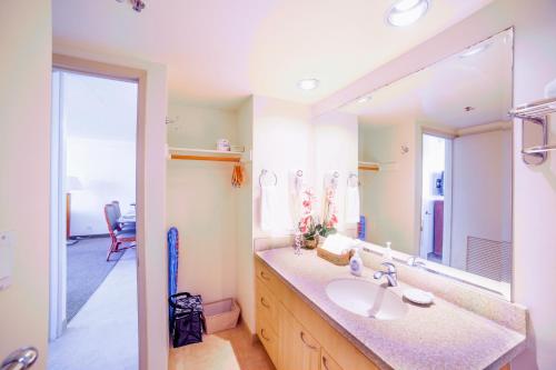 uma casa de banho com um lavatório e um espelho grande em Mountain View Condo, Near Beach, Free Parking! em Honolulu