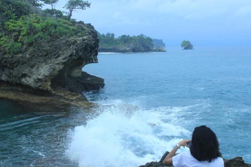 a woman sitting on a rock looking at the ocean at Jelajah Batukaras in Batukaras