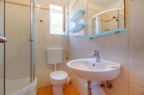 a bathroom with a sink and a toilet and a shower at House Dorita in Miholašćica