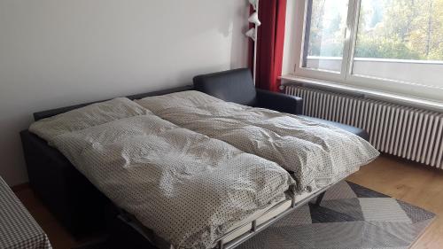 uma cama num quarto com uma cadeira e uma janela em Alpen-Fewo, Residenza Quadra 322 em Flims