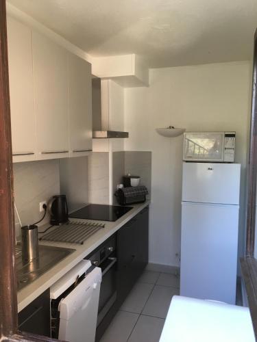 une cuisine avec un évier et un réfrigérateur blanc dans l'établissement Les Marines Du Soleil, à Patrimonio