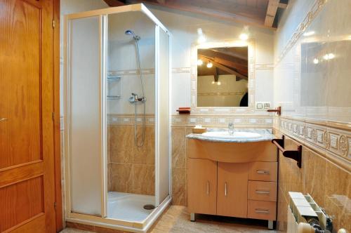 a bathroom with a shower and a sink at Apartamentos Al pie de Mañanga in Parres de Llanes