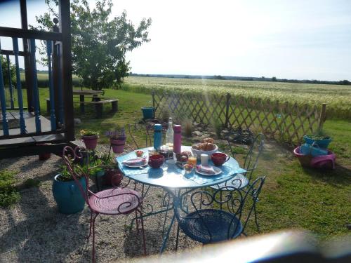 a table with food on it in a yard at La Petite Fadette in Sancoins