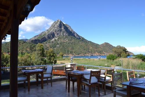 a patio with tables and chairs and a mountain at Ada Adrasan Hotel in Adrasan