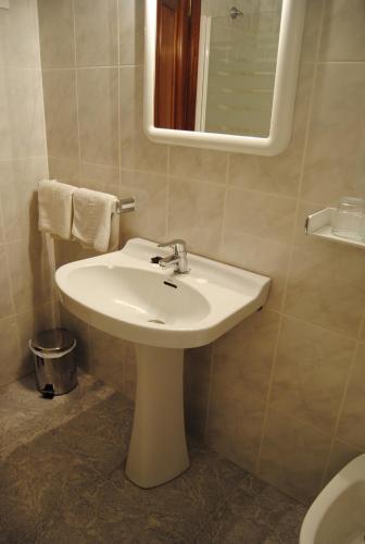 a bathroom with a sink and a mirror and a toilet at Hostal Carabela in Areas