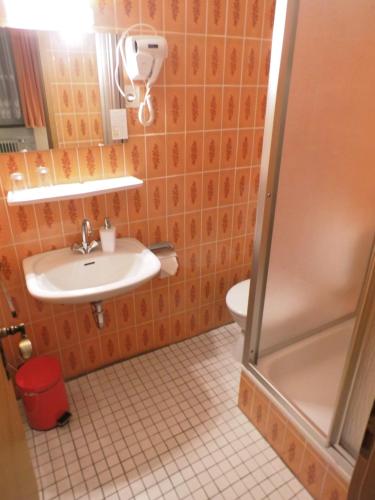 a bathroom with a sink and a shower and a toilet at Hotel-Pension Dressel in Warmensteinach