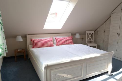 a bedroom with a white bed with red pillows at Ferienhaus Boddenkiek mit Wasserblick in Seedorf in Seedorf
