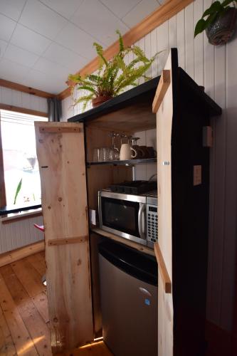 a small kitchen with a microwave and a refrigerator at Gîte TerreCiel in Baie-Saint-Paul