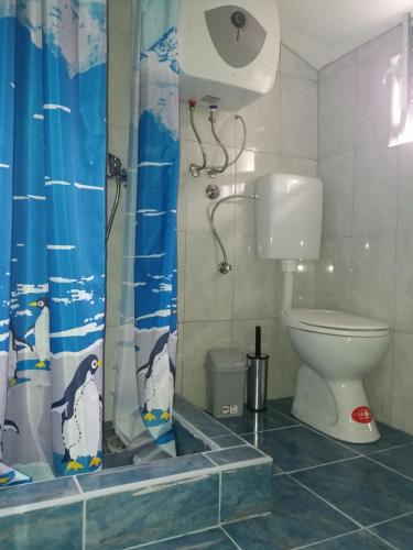 a bathroom with a toilet and a shower curtain at Ivan Apartment Skopje in Skopje