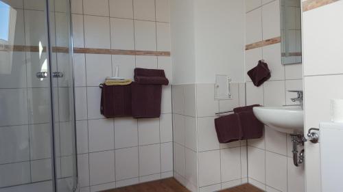 a bathroom with a sink and a shower at Dreimäderlhaus Rieden in Rieden