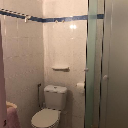 a small bathroom with a toilet and a shower at Pansion Angela in Skiathos Town