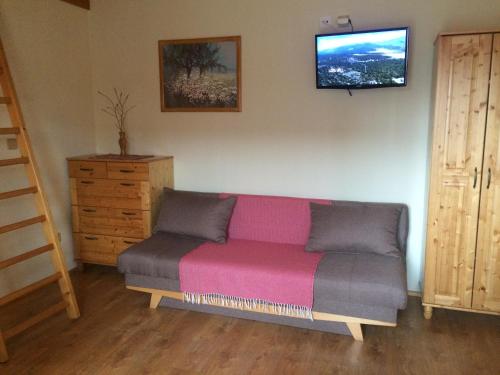 a living room with a couch and a tv on the wall at Tatralandia-Liptov Chatky in Liptovský Mikuláš