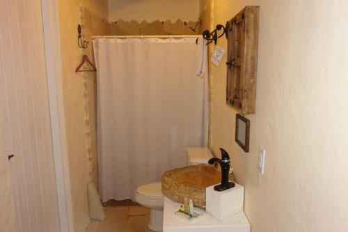 a bathroom with a sink and a toilet with a shower at Hotel Posada Primavera in San Cristóbal de Las Casas