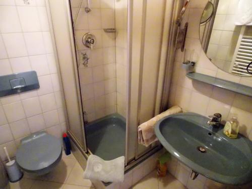 a bathroom with a shower and a sink and a toilet at Gästehaus Simon in Krün