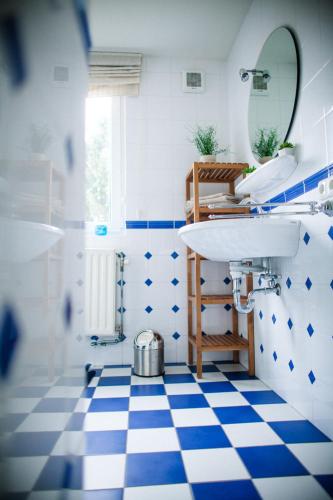 a bathroom with a sink and a blue and white tiled floor at Bed & Breakfast De Plenkert in Valkenburg