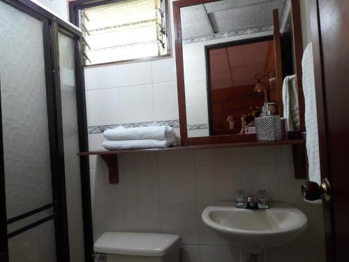 a bathroom with a sink and a toilet and a mirror at Cabañas La Honda in Guatapé