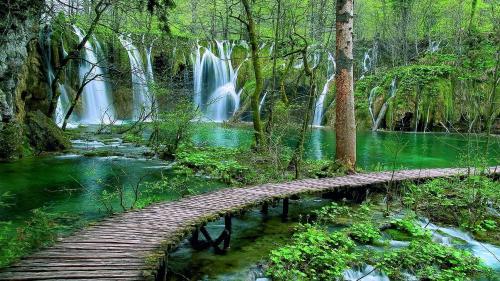 a wooden bridge in a forest with a waterfall at Apartments CAPE Deluxe in Rtina