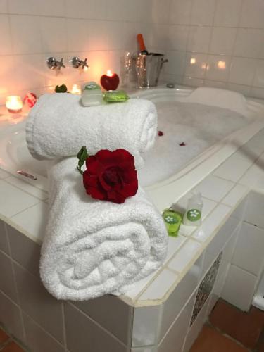 a bathroom with a bath tub with a towel and a rose at Chalés Vila Flor in Gonçalves
