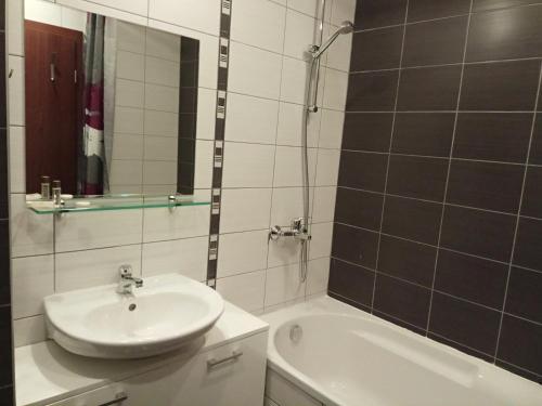 a bathroom with a sink and a tub and a mirror at Denitsa Apartment in Borovets