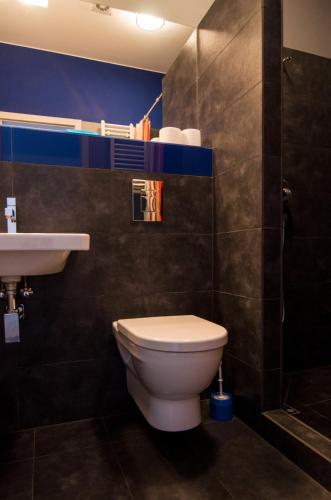 a bathroom with a toilet and a sink at Pension Escrime in Karlovy Vary
