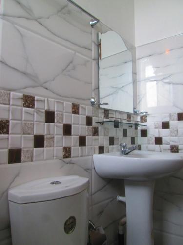 a bathroom with a sink and a toilet and a mirror at Kandyan Sweet Villa in Kandy
