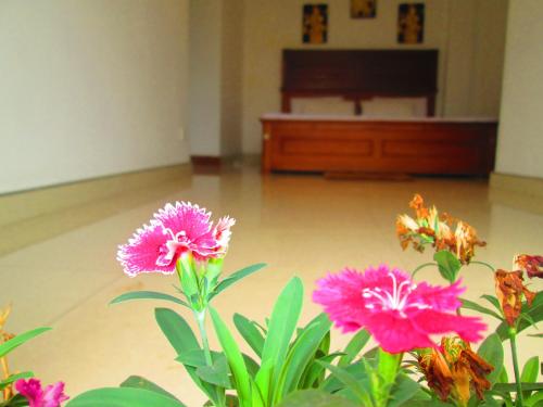 a room with pink flowers in front of a piano at Kandyan Sweet Villa in Kandy