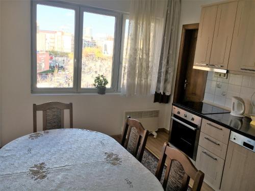 cocina con mesa con sillas y ventana en Center Apartment, en Pristina