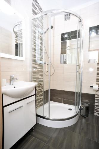 a bathroom with a shower and a sink at Dream Apartment in Świnoujście
