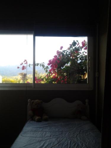 a teddy bear sitting on a bed in front of a window at Villa de charme avec piscine in Ghisonaccia