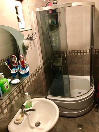 a bathroom with a shower and a sink and a tub at Guesthouse MARA in Bakuriani