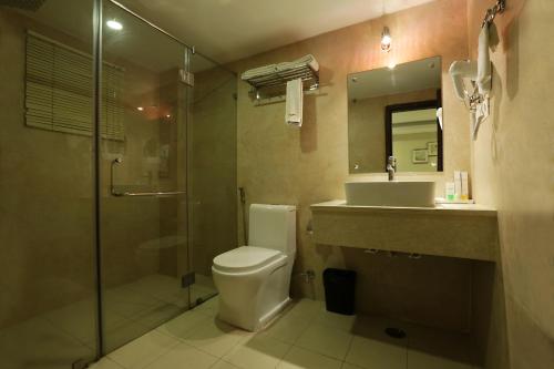 ein Bad mit einer Dusche, einem WC und einem Waschbecken in der Unterkunft Hotel D Courtyard in Guwahati