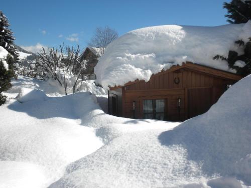a building covered in snow with a pile of snow at Haus Maria Leiter in Sillian
