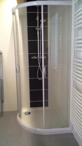 a shower with a glass door in a bathroom at Gîte du Charri in Le Tholy