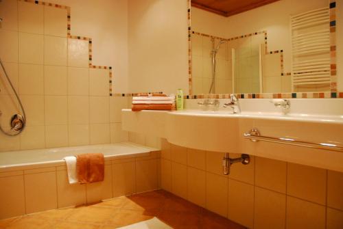 a bathroom with a sink and a tub and a mirror at Landhaus Alpensonne in Schattwald