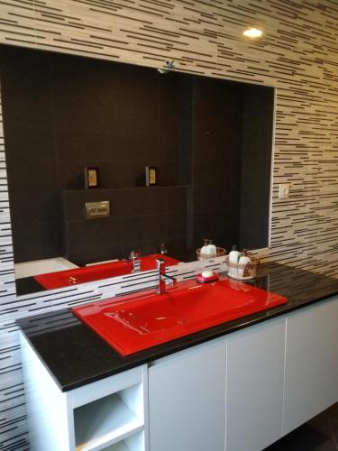 a bathroom with a red sink and a large mirror at Charme da montanha in Montaria