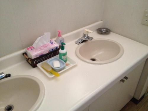 a bathroom sink with toothbrushes and toothpaste on it at Iroha Ryokan in Aomori