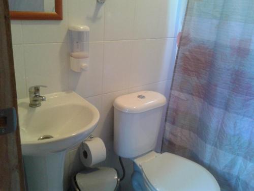 Un baño con un inodoro blanco y un lavabo. en Cabañas Genesis, en Choshuenco
