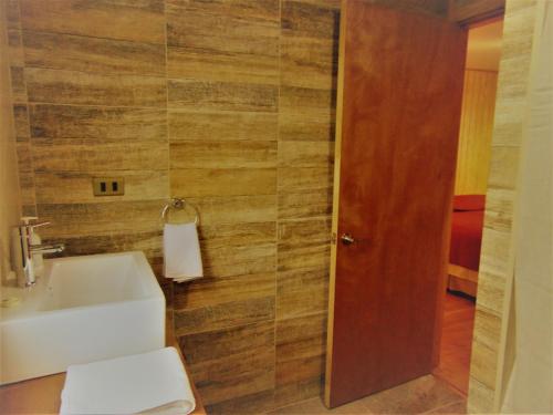 a bathroom with a sink and a wooden wall at Cafe & Hostal Acurruka in Curacautín