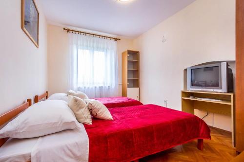 sypialnia z dwoma łóżkami i telewizorem w obiekcie Apartment Stelia w mieście Mednjan